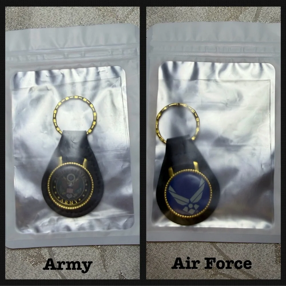 Military Emblem Keychain Challenge Coins w Leather Keyring Army or Air Force USA